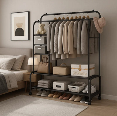 6 Shelf Heavy Duty Double Clothes Rail With Wheels Black Modcraft - Image 5
