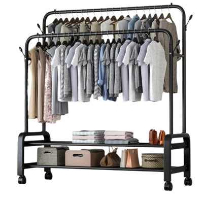 B&Q -  Black Heavy Duty Double Rail Clothes RackGarment Hanging Stand With Wheels