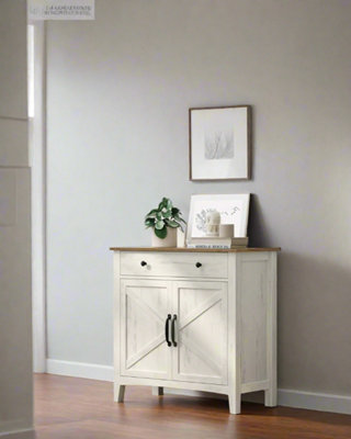 B&Q -  Farmhouse Sideboard CabinetRustic White And Honey Brown80 X 40 X 80 CmStorage Unit With Drawer,
