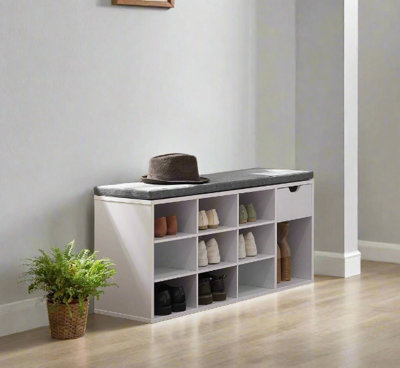 Modcraft Shoe Storage Bench with 10 Shelves, Single Drawer and Cushion, White and Grey, 48 x 104 x 30cm - Image 4