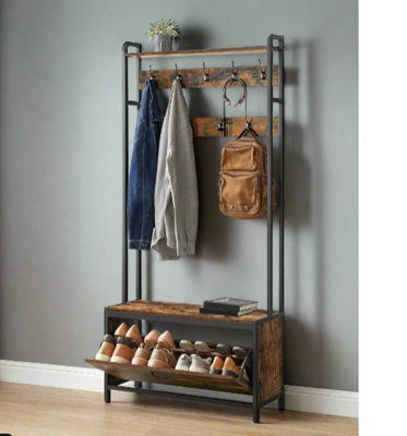 Modcraft Hall Tree With BenchShoe Storage9 HooksTop ShelfIndustrial Coat Rack For HallwayRustic Brown from B&Q