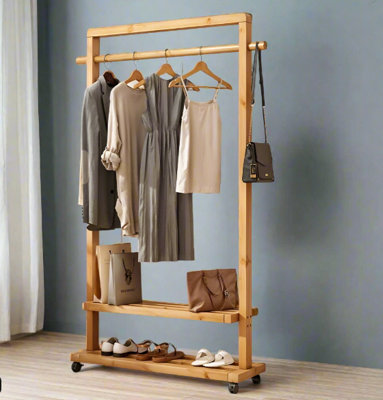 B&Q -  Rolling Bamboo Clothes Rail With ShelfHeavy Duty Wooden Garment Hanging Stand With Wheels