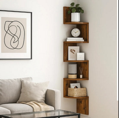 Modcraft Rustic Brown 5-Tier Corner Wall ShelfFloating Display Bookcase from B&Q