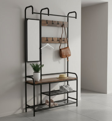 Modcraft Entryway Coat Hanger Stand With Shoe Bench & Mirror Black Rustic Oak Hallway Storage Unit from B&Q