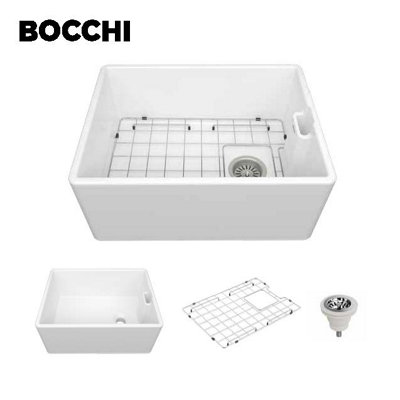 B&Q -  Belfast 600M 1.0 Bowl Super Smooth Ceramic Kitchen Sink In Gloss White Inc. WasteBottom Grid90mm Waste
