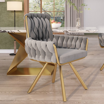 Matteo Luxurious Grey Velvet Swivel Dining Armchair With Gold Metal Legs from B&Q