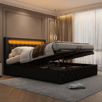Matteo Functional Black Upholstered Bed With Led Lighting & Storage135X190 CmPu Material from B&Q