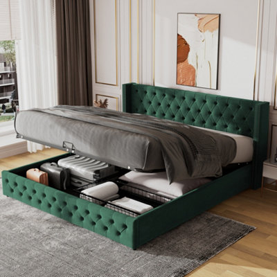 Matteo Functional Green Velvet Upholstered Bed 135X190 With Hydraulic Lever Storage from B&Q