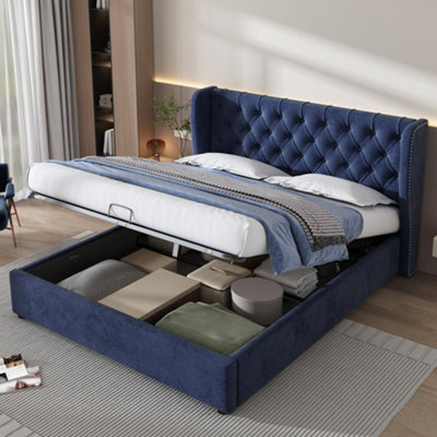 Matteo Functional Velvet Upholstered Bed 135X190 Cm With Hydraulic LeverBlue from B&Q