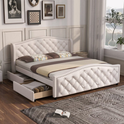 Matteo White Upholstered Bed 135X190Cm With Slatted Frame2 Drawers And Riveted Headboard from B&Q