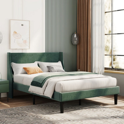 Matteo Luxurious Double Velvet Bed 4Ft6 With Winged Headboard And Wood Slat Support In Dark Green from B&Q