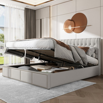 Matteo King Size Light Grey Upholstered Ottoman Bed Frame With StorageRivet Detail & Hydraulic Lift (150X200Cm) from B&Q