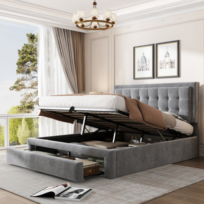Matteo Luxurious Double Upholstered Bed 4Ft6 With Large Storage SpaceHeadboardGrey Velvet Fabric from B&Q