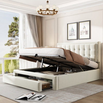 Matteo Luxurious Double Upholstered Bed 135X190Cm With Large Storage And HeadboardCream Velvet Fabric from B&Q