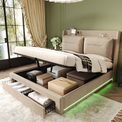 Matteo Velvet Fabric Double Ottoman Bed Frame With Led Headboard & Storage DrawersBeige from B&Q