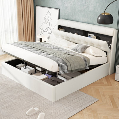 Matteo Cream White Pu Faux Leather King Size Storage Bed FrameHydraulic Lift150X200Cm from B&Q