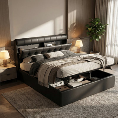 Matteo Uk Double (135X190Cm) Black Faux Leather Ottoman Bed Frame With Headboard Storage from B&Q