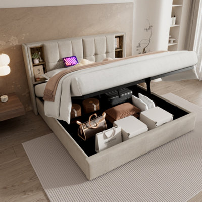 Matteo Natural Upholstered Double Bed 135X190Cm With Wireless Charging And Hydraulic Storage from B&Q