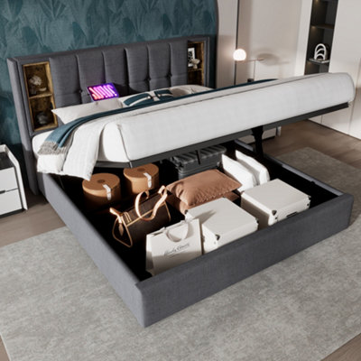 Matteo Luxurious Upholstered Super King Bed With Wireless ChargingHydraulic StorageGrey from B&Q