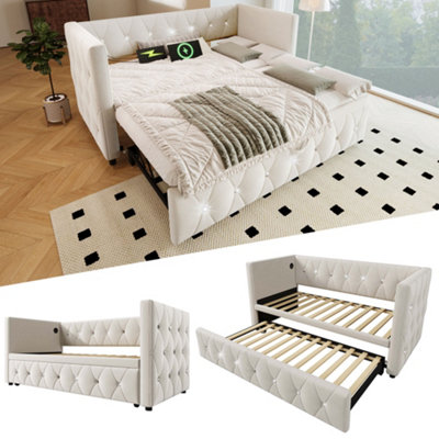 Matteo Upholstered Single Daybed With Usb & Type C Charging Stations And Pull-Out Trundle90X190CmBeige Velvet from B&Q