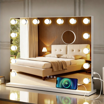 B&Q -  Led Bathroom Mirror & Hollywood Vanity Mirror 15 Led White Usb-C Charging Port Dimmable Wall Mounted & Tabletop 58X48Cm