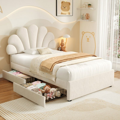 Matteo 3Ft Single Velvet Bed Frame Adjustable Chic Petal Headboard & Storage Drawers Easy Assembly Beige from B&Q