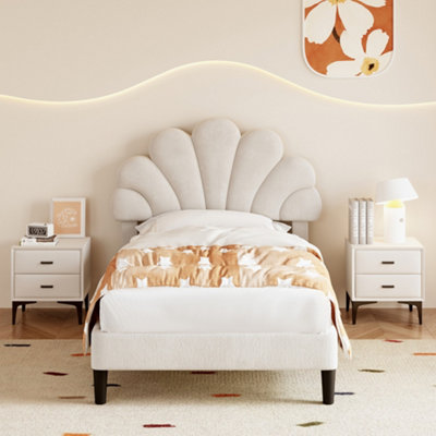 Matteo Elegant Beige Velvet 3Ft Single Bed Frame Adjustable Petal Headboard Sturdy Slats No Box Spring Needed from B&Q