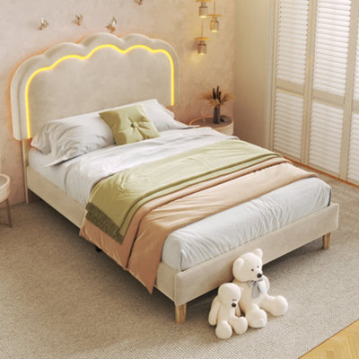 Matteo Single 3Ft 90X190Cm Velvet Bed Frame With Led Adjustable Headboard & Wooden SlatsBeige from B&Q