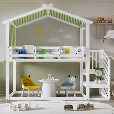 Matteo Children's & Teen Bunk Bed3Ft SingleWhite & Green With Decorative CanopyCorner Staircase & Bookshelf. Durable Wood Frame from B&Q