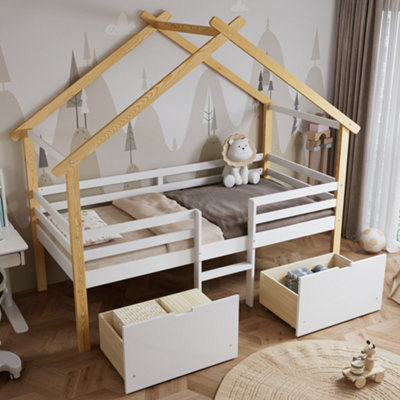 Matteo Children's 3Ft Single House Bed With Storage DrawersWhite & Natural Wood Finish from B&Q