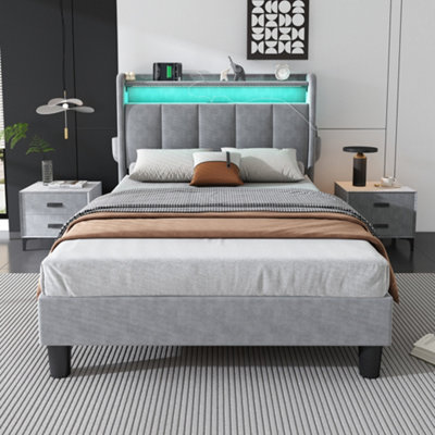 Matteo Grey Velvet 3Ft Single Upholstered Bed Frame With Led LightsUsb Charging Ports & Smart Storage Headboard from B&Q