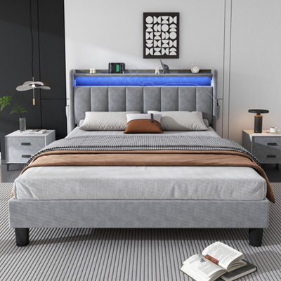 Matteo Grey Velvet 4Ft6 Double Upholstered Bed Frame With Integrated Led LightingUsb Charging & Storage from B&Q
