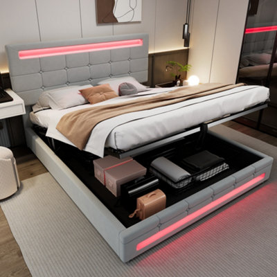 Matteo Grey Velvet Double Ottoman Bed Frame 4Ft6 With Hydraulic Lift StorageSquare Embellishment & App-Controlled 7-Colour Led Lights from B&Q