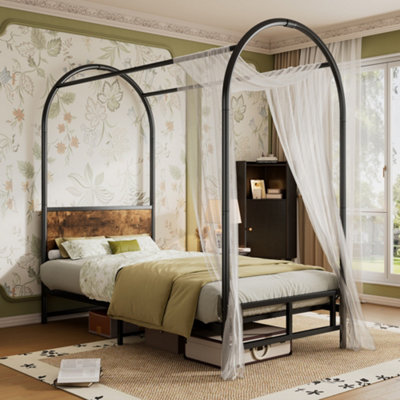 Matteo Modern Black Metal & Wood Effect 3Ft Single Canopy Bed FrameDurable 90X190Cm Iron Bed For Adults & Teens from B&Q