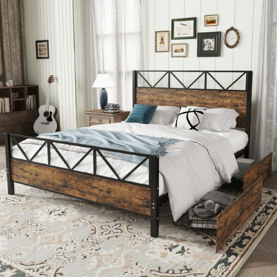 Matteo Durable 4Ft6 Double Metal Bed Frame With 2 Storage DrawersBlack & Wood EffectSturdy Diy Bed from B&Q
