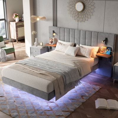 Matteo Grey Velvet Double Bed Frame 4Ft6 With Integrated Usb Charging & Led Headboard Lights from B&Q