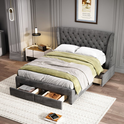 Matteo Grey Snowflake Fleece Upholstered 4Ft6 Double Storage Bed With 4 Drawers & Soft Headboard from B&Q