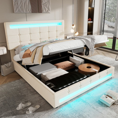 Matteo Beige Velvet 4Ft6 Double Ottoman Bed Frame With Hydraulic Storage & 7-Colour App-Controlled Led Lights from B&Q