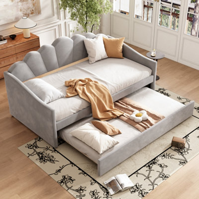 Matteo Grey Velvet 3Ft Single Upholstered Daybed With Pull-Out TrundleSpace-Saving Guest Bed from B&Q