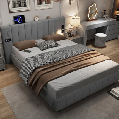 Matteo Grey Velvet King Size Bed Frame With Integrated StereoUsb Charging & Led Reading Light from B&Q