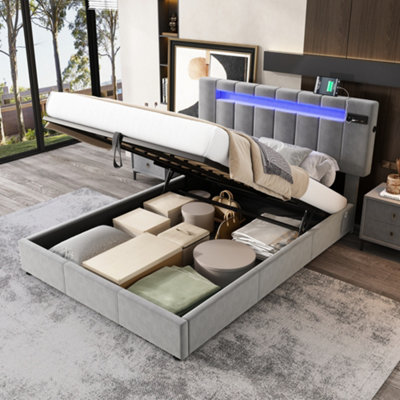 Matteo Luxury Grey Velvet Ottoman Double Bed With Hydraulic StorageBluetooth StereoUsb& 7-Colour Led Lights from B&Q