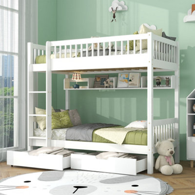 Matteo White 3Ft Kids Bunk Bed With Storage Drawers & ShelfSolid Pine Wood Convertible Single Frame from B&Q