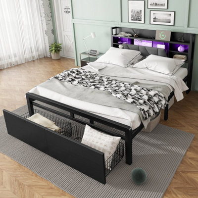 Matteo Modern Black Double Metal Bed Frame With Led LightsUsb Charging2 Drawers & Padded Storage Headboard4Ft6 from B&Q