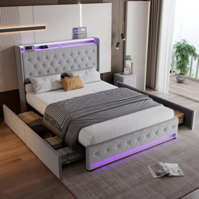Matteo Grey Velvet Double Upholstered Bed Frame 4Ft6 With 4 Storage DrawersIntegrated Led Lighting & Usb Charging Ports from B&Q
