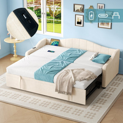 Matteo Beige Velvet Upholstered 3Ft Single Daybed With Pull-Out Trundle & Usb Charging StationIdeal Sofa Bed from B&Q