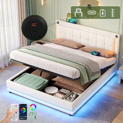 Matteo 4Ft6 Double Beige Velvet Ottoman Bed Frame With Led Lights & Usb/type-C Charging & Adjustable Headboard from B&Q