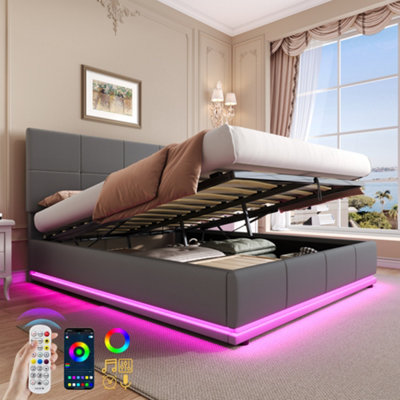 Matteo Grey Ottoman Double Bed With Led Lighting & Hydraulic Storage4Ft6 Pu Leather Bed Frame With Adjustable Headboard from B&Q