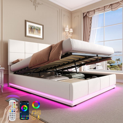 Matteo Cream White 4Ft6 Double Ottoman Bed Frame With Rgb Led LightingFaux Leather Upholstery & Hydraulic Storage from B&Q