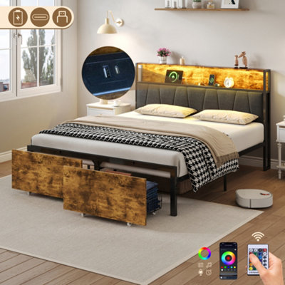 Matteo 4Ft6 Double Bed Frame With StorageRgb Led Headboard & Charging StationBlack & Walnut Metal Platform Bed from B&Q