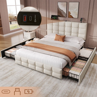 Matteo Beige Double Velvet Upholstered Bed Frame With 4 Storage Drawers & Adjustable Headboard With Usb Charging Ports from B&Q